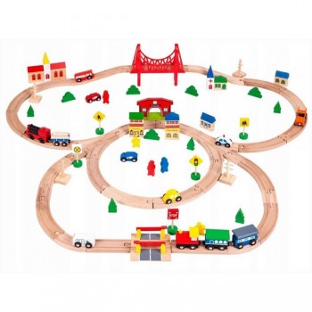 Joc Circuit din lemn, ECOTOYS HM014665, cu trenulet si masinute, 90 de elemente Joc Circuit din lemn, ECOTOYS HM014665, cu trenulet si masinute, 90 de elemente