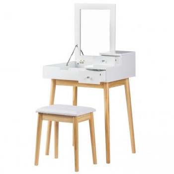 Masuta toaleta ModernHome FH-DT1202 pentru machiaj cu oglinda si taburet, alba Masuta toaleta ModernHome FH-DT1202 pentru machiaj cu oglinda si taburet, alba
