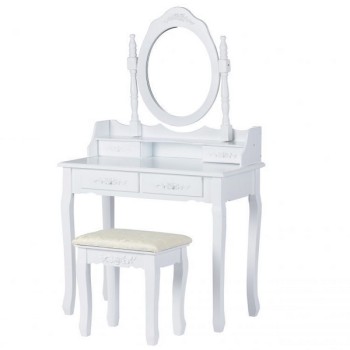 Masuta de toaleta ModernHome W-HY-017 pentru machiaj, aspect de epoca, cu oglinda si taburet, alba