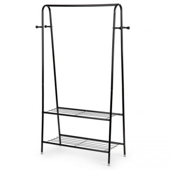 Suport de haine ModernHome GH-207 cu tija pentru umerase si 2 rafturi supraetajate, negru Suport de haine ModernHome GH-207 cu tija pentru umerase si 2 rafturi supraetajate, negru