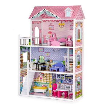 Casuta de papusi din lemn cu mobilier XXL Ecotoys HM006604 Casuta de papusi din lemn cu mobilier XXL Ecotoys HM006604