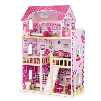 Casuta de papusi din lemn cu iluminare LED si mobilier Ecotoys HM006391 Casuta de papusi din lemn cu iluminare LED si mobilier Ecotoys HM006391