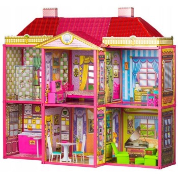 Casuta de papusi, cu 128 de elemente din carton si plastic, Ecotoys HC33423 Casuta de papusi, cu 128 de elemente din carton si plastic, Ecotoys HC33423