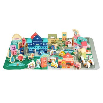 Centru de activitate orasel educational cu blocuri din lemn 121 piese Ecotoys MA427 Centru de activitate orasel educational cu blocuri din lemn 121 piese Ecotoys MA427