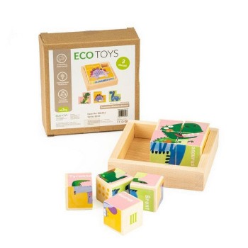 Cuburi educationale din lemn tip puzzle cu dinozauri Ecotoys MA442 Cuburi educationale din lemn tip puzzle cu dinozauri Ecotoys MA442