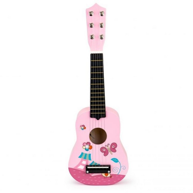 Chitara din lemn pentru copii cu corzi metalice Ecotoys F018PINK