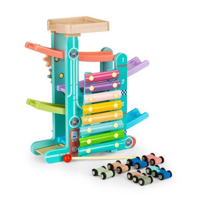Rampa din lemn cu 6 masinute si tambal Ecotoys ME115