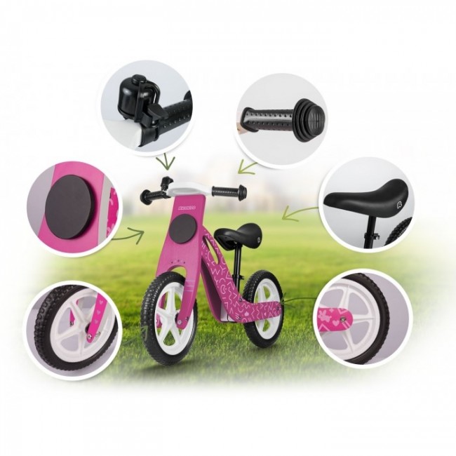 Bicicleta fara pedale din lemn cu roti din spuma EVA Ricokids RC-614 - Roz