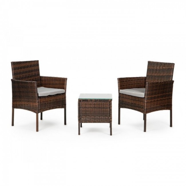 Set mobilier de gradina cu 3 piese cu perne, 2 scaune si o masuta de cafea cu sticla, poliratan, ModernHome XS-RTS023, Maro