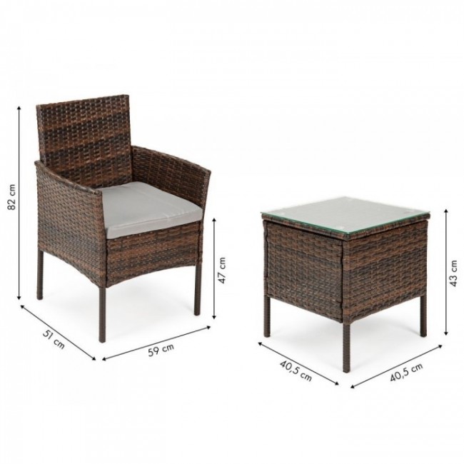 Set mobilier de gradina cu 3 piese cu perne, 2 scaune si o masuta de cafea cu sticla, poliratan, ModernHome XS-RTS023, Maro