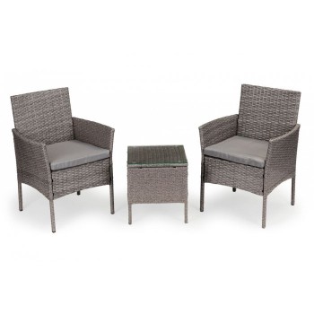 Set mobilier de gradina cu 3 piese cu perne, 2 scaune si o masuta de cafea cu sticla, poliratan, ModernHome XS-RTS023, Gri
