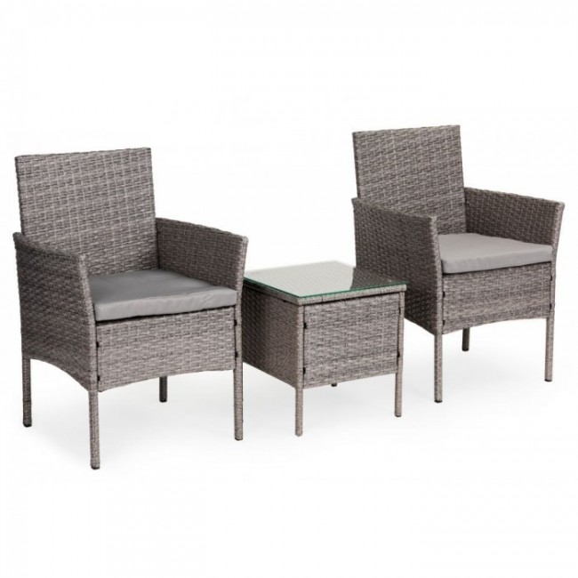 Set mobilier de gradina cu 3 piese cu perne, 2 scaune si o masuta de cafea cu sticla, poliratan, ModernHome XS-RTS023, Gri