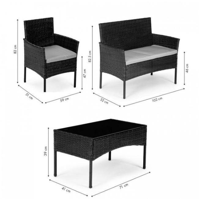 Set mobilier de gradina cu 4 piese cu perne, 2 scaune, o bancuta si o masuta de cafea cu sticla, poliratan, ModernHome XS-RTS011, Negru