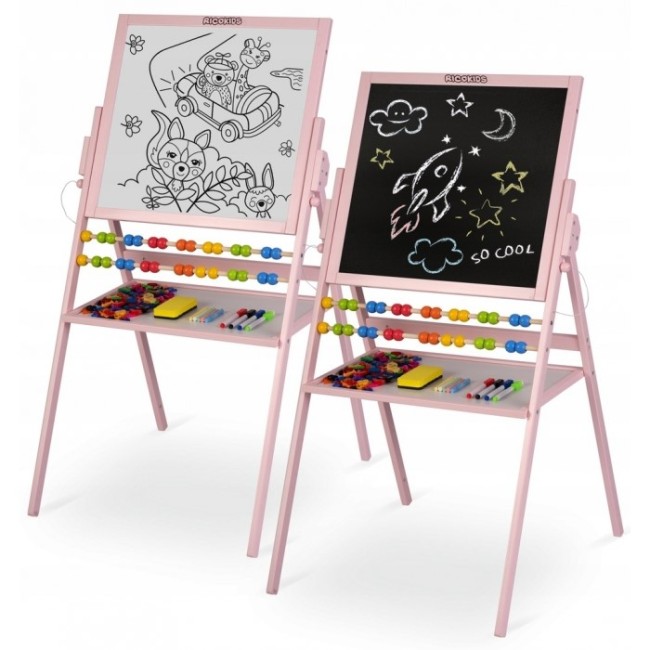 Tabla 2 in 1 pentru copii cu creta sau marker/magnetica, abac, set de creta colorata si markere, burete, cifre si litere magnetice, Ricokids 780002, Roz