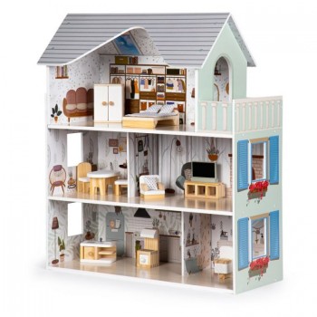 Casuta de papusi inalta din lemn cu mobilier, casuta lui Emma, Ecotoys 8301 Casuta de papusi inalta din lemn cu mobilier, casuta lui Emma, Ecotoys 8301