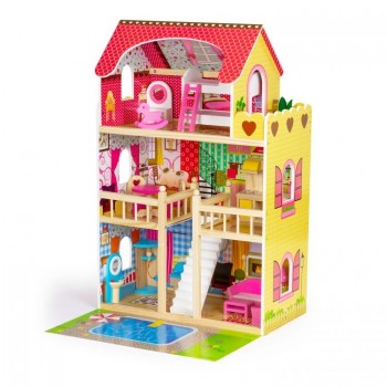 Casuta de papusi inalta din lemn cu mobilier si piscina, Ecotoys W06A333E Casuta de papusi inalta din lemn cu mobilier si piscina, Ecotoys W06A333E