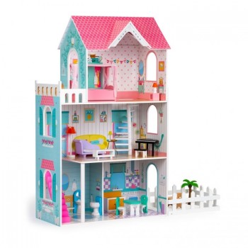 Casuta de papusi inalta din lemn cu mobilier si gradina, Ecotoys W06A379 Casuta de papusi inalta din lemn cu mobilier si gradina, Ecotoys W06A379