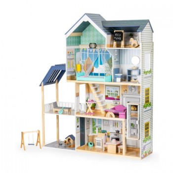 Casuta de papusi XXL din lemn cu mobilier, terasa, catel si leagan, casuta lui Maya, Ecotoys 8101 Casuta de papusi XXL din lemn cu mobilier, terasa, catel si leagan, casuta lui Maya, Ecotoys 8101
