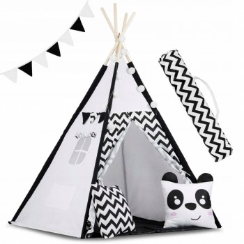 Cort de joaca pentru copii cu ghirlanda,lumini si 2 pernite Ricokids 740005, 120 X 120 X 165 cm - Panda - Resigilat