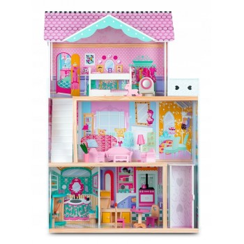 Casuta de papusi din lemn cu 3 etaje, lift si lampa LED Ricokids RC-829 Casuta de papusi din lemn cu 3 etaje, lift si lampa LED Ricokids RC-829