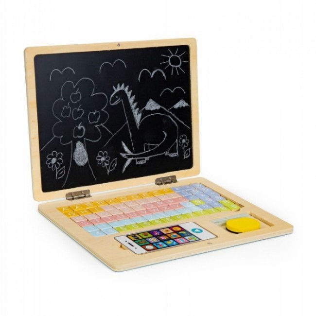 Laptop educational din lemn cu magnet si taste din lemn Ecotoys G068 - Alb