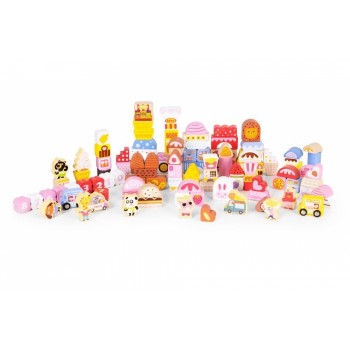 Set educational cu blocuri din lemn, 116 piese, Candy City Ecotoys ME433 Set educational cu blocuri din lemn, 116 piese, Candy City Ecotoys ME433