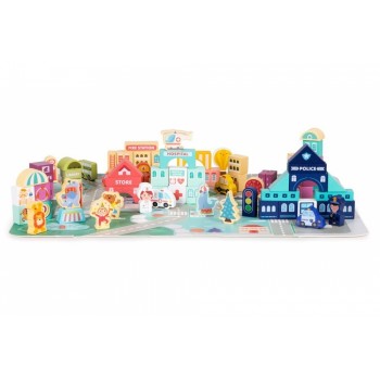 Set educational cu blocuri din lemn si covoras, 121 piese, City Ecotoys MA802 Set educational cu blocuri din lemn si covoras, 121 piese, City Ecotoys MA802