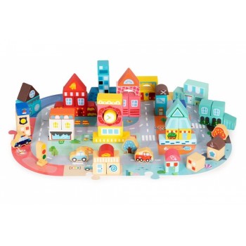 Set educational cu blocuri din lemn si covoras tip puzzle, 88 piese, City Ecotoys MA705 Set educational cu blocuri din lemn si covoras tip puzzle, 88 piese, City Ecotoys MA705
