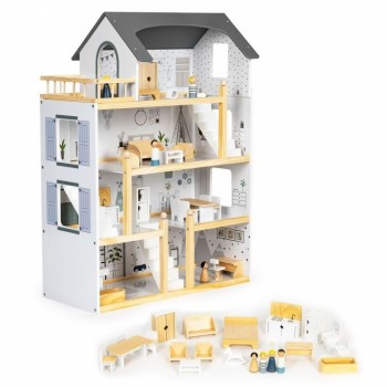 Casuta de papusi inalta din lemn cu mobilier Ecotoys W06A392 Casuta de papusi inalta din lemn cu mobilier Ecotoys W06A392