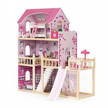 Casuta de papusi inalta din lemn cu mobilier si tobogan Ecotoys HM014075 Casuta de papusi inalta din lemn cu mobilier si tobogan Ecotoys HM014075