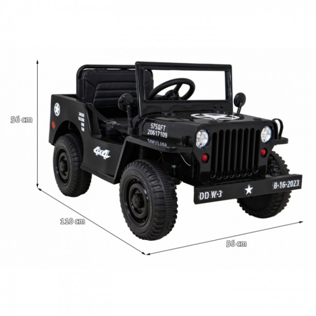 Masinuta electrica cu telecomanda Military Retro 4 X 4, roti EVA, scaun tapitat, 110x56x56 cm, putere 140W - Negru