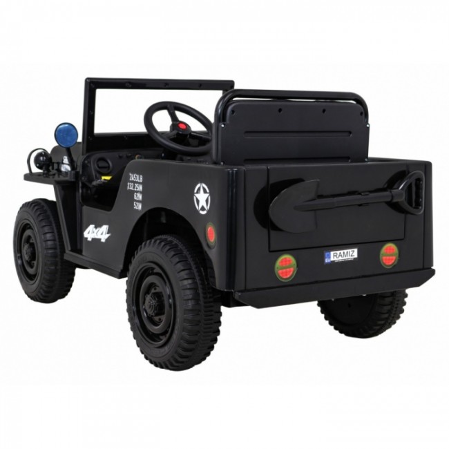 Masinuta electrica cu telecomanda Military Retro 4 X 4, roti EVA, scaun tapitat, 110x56x56 cm, putere 140W - Negru