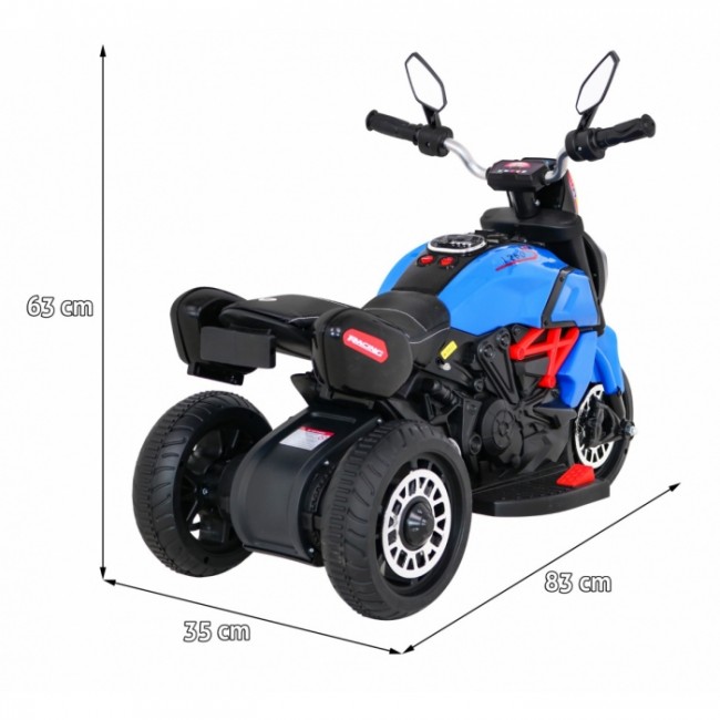 Motocicleta electrica Fast Tourist, roti din plastic, scaun tapitat, 83x35x63 cm, putere 18W - Albastru