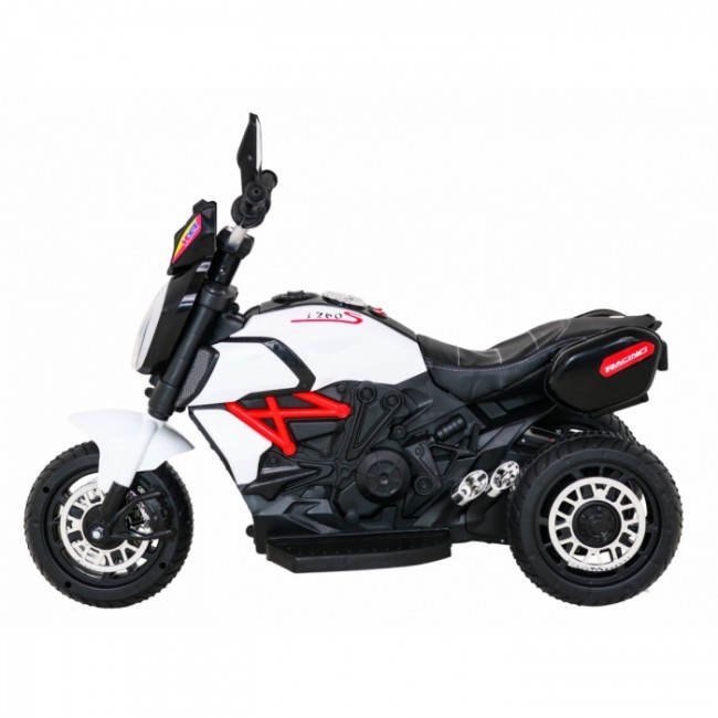 Motocicleta electrica Fast Tourist, roti din plastic, scaun tapitat, 83x35x63 cm, putere 18W - Alb