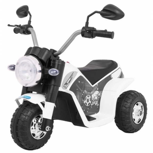 Motocicleta electrica MiniBike, roti din plastic, scaun tapitat, 71x53x57 cm, putere 6V - Alb