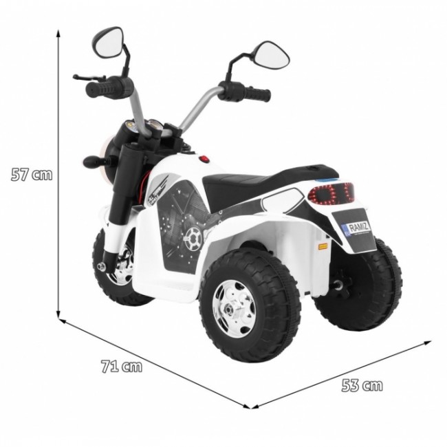 Motocicleta electrica MiniBike, roti din plastic, scaun tapitat, 71x53x57 cm, putere 6V - Alb