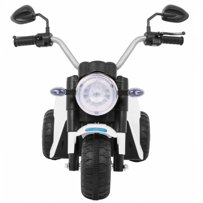 Motocicleta electrica MiniBike, roti din plastic, scaun tapitat, 71x53x57 cm, putere 6V - Alb