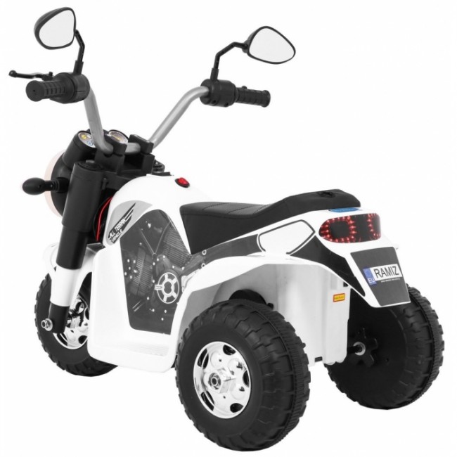 Motocicleta electrica MiniBike, roti din plastic, scaun tapitat, 71x53x57 cm, putere 6V - Alb