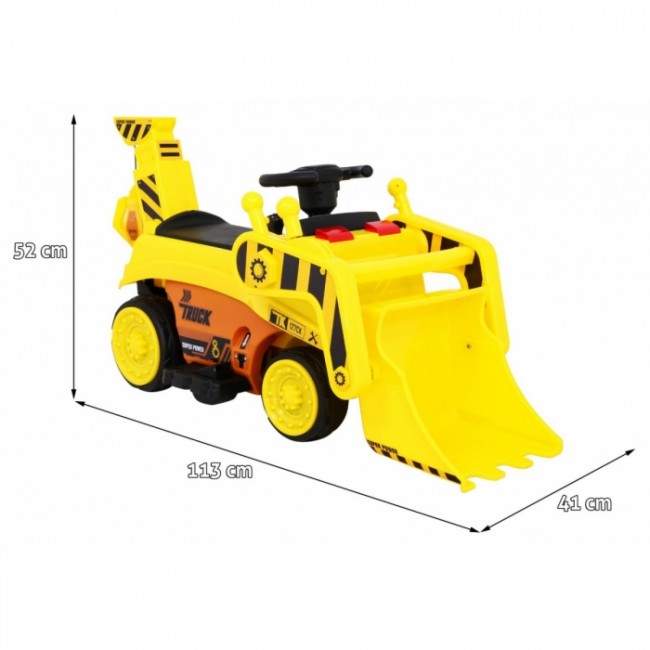 Excavator electric cu cupa mobila, roti si scaun din plastic, 113x41x52 cm, putere 6V - Galben