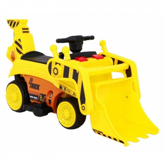 Excavator electric cu cupa mobila, roti si scaun din plastic, 113x41x52 cm, putere 6V - Galben