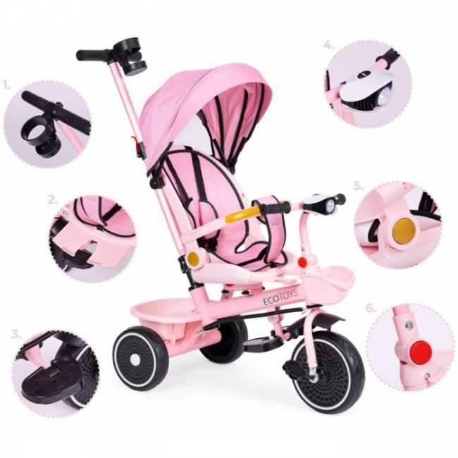 Tricicleta 2 in 1 pentru copii, scaun rotativ 360°, roti din spuma EVA, Ecotoys WQL-066-18 - Roz