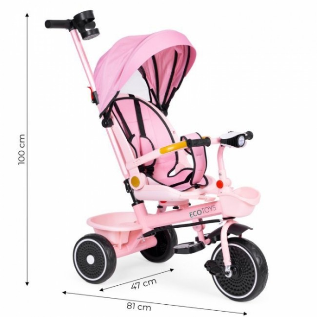 Tricicleta 2 in 1 pentru copii, scaun rotativ 360°, roti din spuma EVA, Ecotoys WQL-066-18 - Roz
