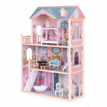 Casuta de papusi din lemn cu 3 etaje si mobilier Ecotoys 8106 Casuta de papusi din lemn cu 3 etaje si mobilier Ecotoys 8106