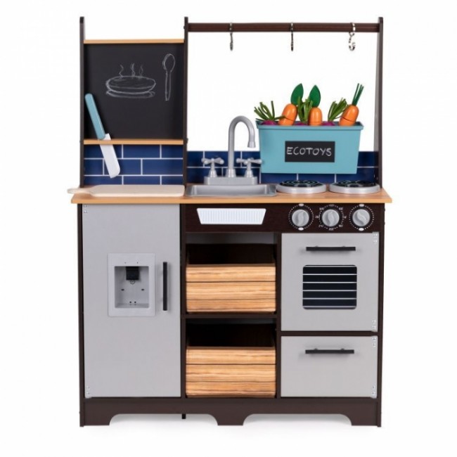 Bucatarie din lemn pentru copii cu accesorii, 74 x 29.5 x 96 cm, Ecotoys TL40030