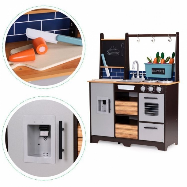 Bucatarie din lemn pentru copii cu accesorii, 74 x 29.5 x 96 cm, Ecotoys TL40030
