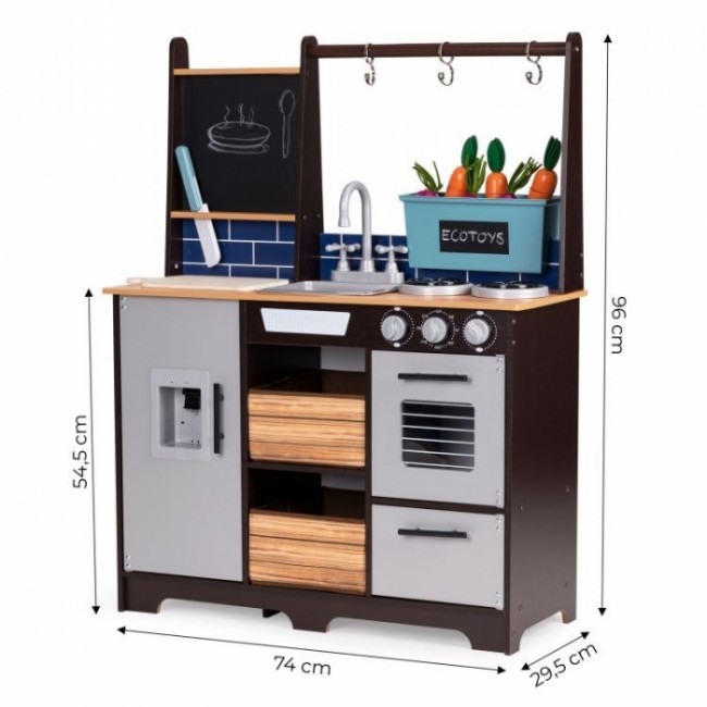 Bucatarie din lemn pentru copii cu accesorii, 74 x 29.5 x 96 cm, Ecotoys TL40030