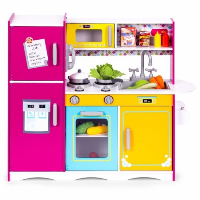 Bucatarie din lemn pentru copii cu accesorii, 92 x 29.5 x 83 cm, Ecotoys TL40027