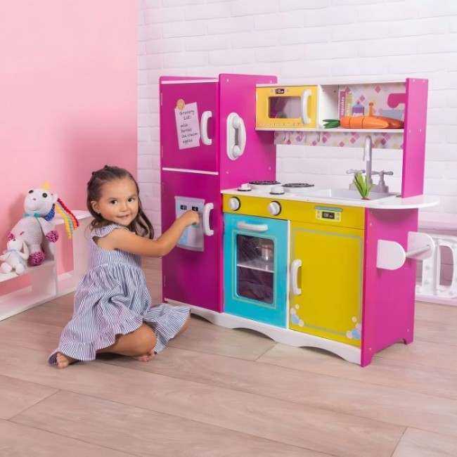 Bucatarie din lemn pentru copii cu accesorii, 92 x 29.5 x 83 cm, Ecotoys TL40027