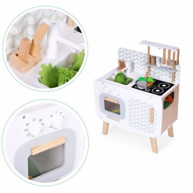 Bucatarie din lemn pentru copii cu accesorii, 58 x 29 x 73 cm, Ecotoys W10C863