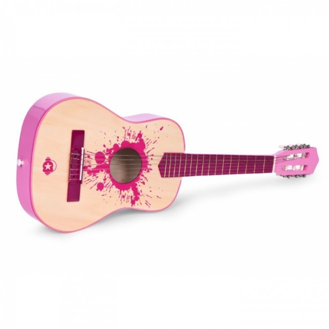 Chitara din lemn cu 6 corzi pentru copii, 86 x 31 cm, Ecotoys HX18026-34 - Roz